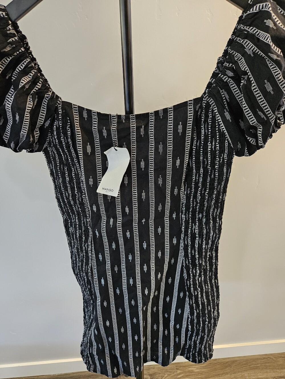 Mango 100% cotton black and white striped off-the-shoulder smocked mini dress - Picture 2 of 5